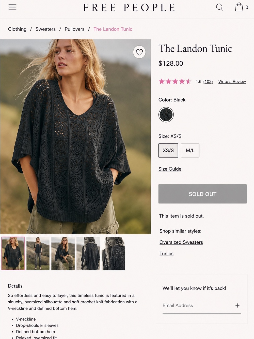 Free People Black Crochet V-Neck Tunic